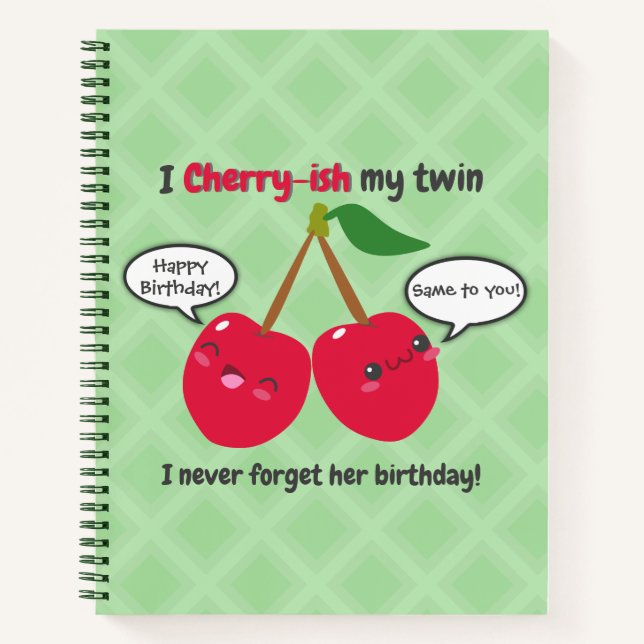 Cuaderno Cute Red Cherry Kawaii Gemelos Cumpleaños (Anverso)