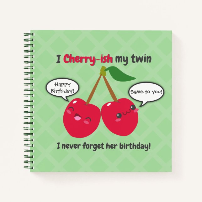 Cuaderno Cute Red Cherry Kawaii Gemelos Cumpleaños (Anverso)