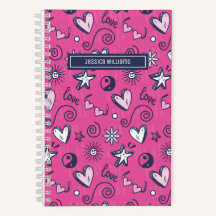 Cute retro Doodle Heart Star Love Pattern Pink