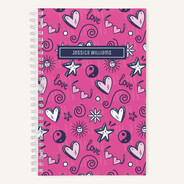 Cuaderno Cute retro Doodle Heart Star Love Pattern Pink (Anverso)