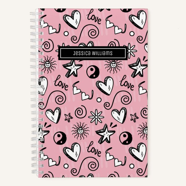 Cuaderno Cute Retro Doodle Heart Star Love Swirl Pattern (Anverso)