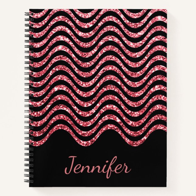 Cuaderno Cute Rosa Oro Negro Purpurina Chevron Personalizad (Anverso)