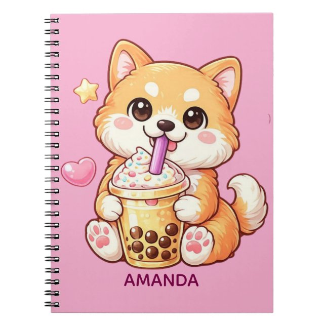 Cuaderno  Cute Shiba Inu Dog Drinking Bubble Tea Add Name (Frente)