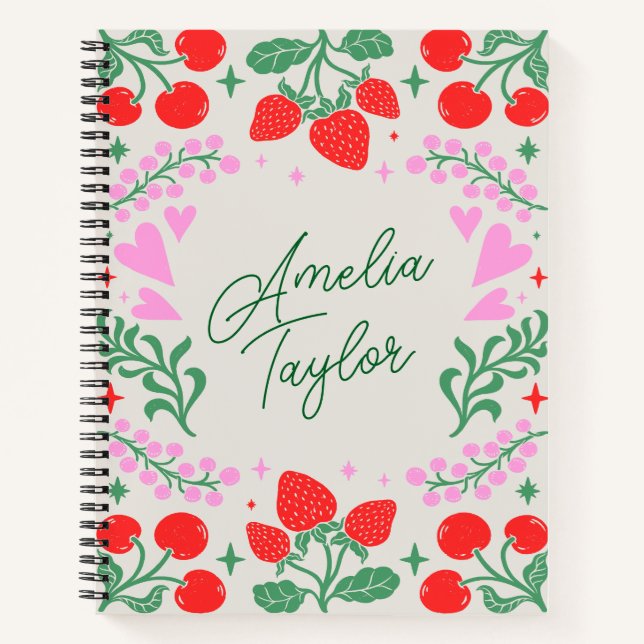 Cuaderno Cute Strawberry Cherry Aesthetic Personalized Name (Anverso)