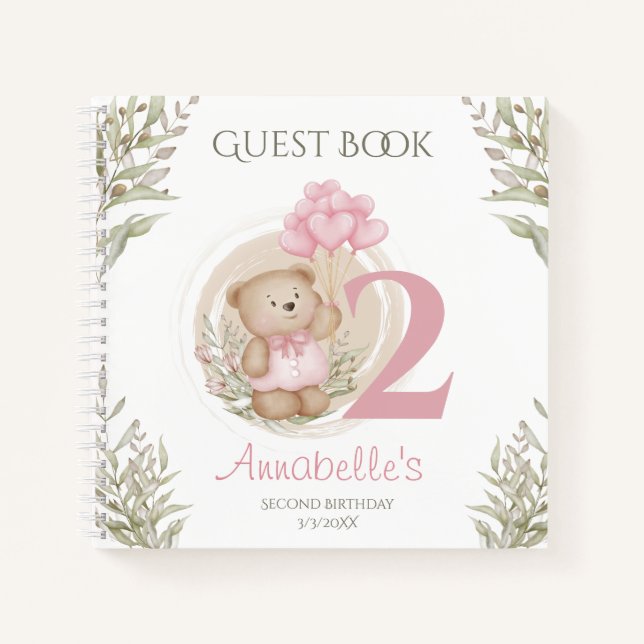 Cuaderno Cute Teddy Bear 2º Birthday Pink Guest Book (Anverso)