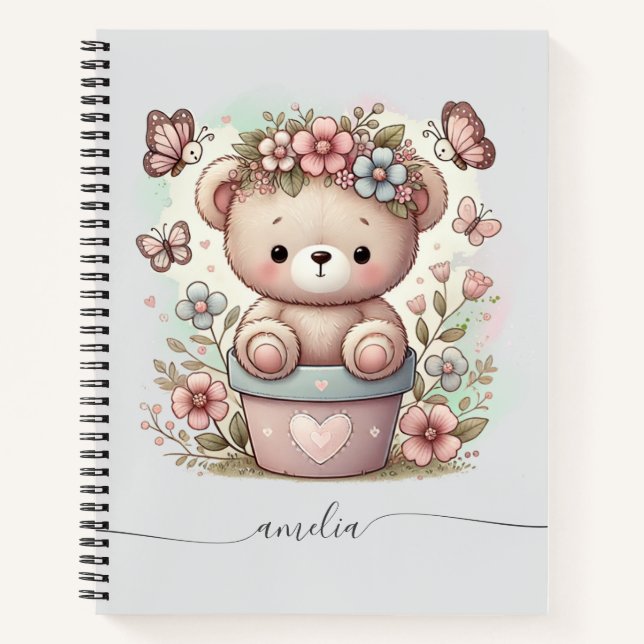Cuaderno Cute Teddy Bear & Floral Custom Name  (Anverso)