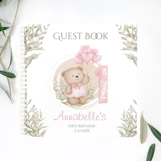 Cuaderno Cute Teddy Bear Primer Birthday Pink Guest Book (Cute Teddy Bear 1st Birthday Pink Guest Book)