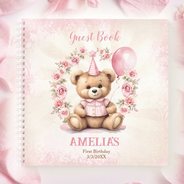 Cuaderno Cute Teddy Bear Primer Birthday Pink Guest Book (Cute Teddy Bear 1st Birthday Pink Guest Book)