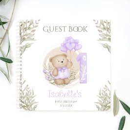 Cuaderno Cute Teddy Bear Primer Birthday Purple Guest Book