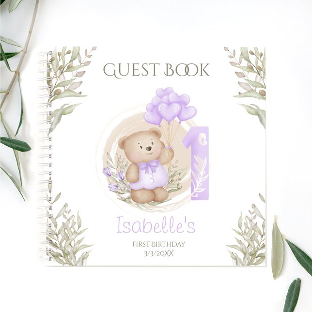 Cuaderno Cute Teddy Bear Primer Birthday Purple Guest Book (Cute Teddy Bear 1st Birthday Purple Guest Book)