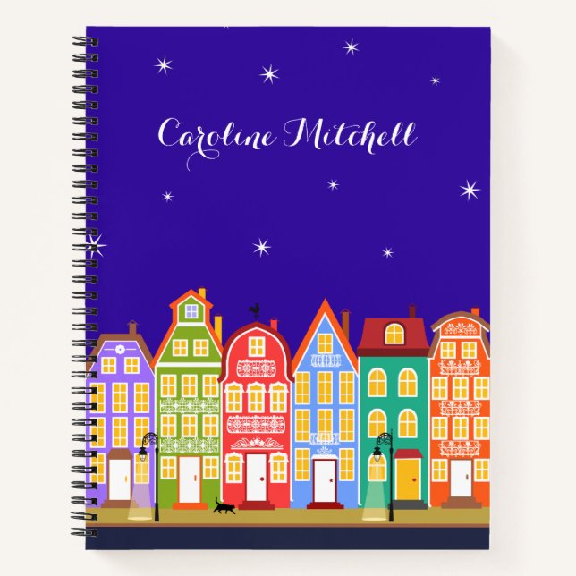 Cuaderno Cute Town Black Cat Personalizado Casas Bloc de no (Anverso)