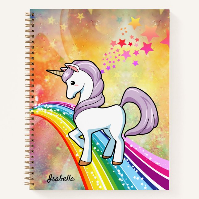 Cuaderno Cute Unicorn En Un Arcoiris Agregar Nombre (Anverso)
