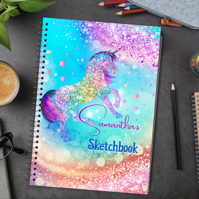 Cuaderno Cute unicorn pink aqua faux glitter custom gift (Subido por el creador)