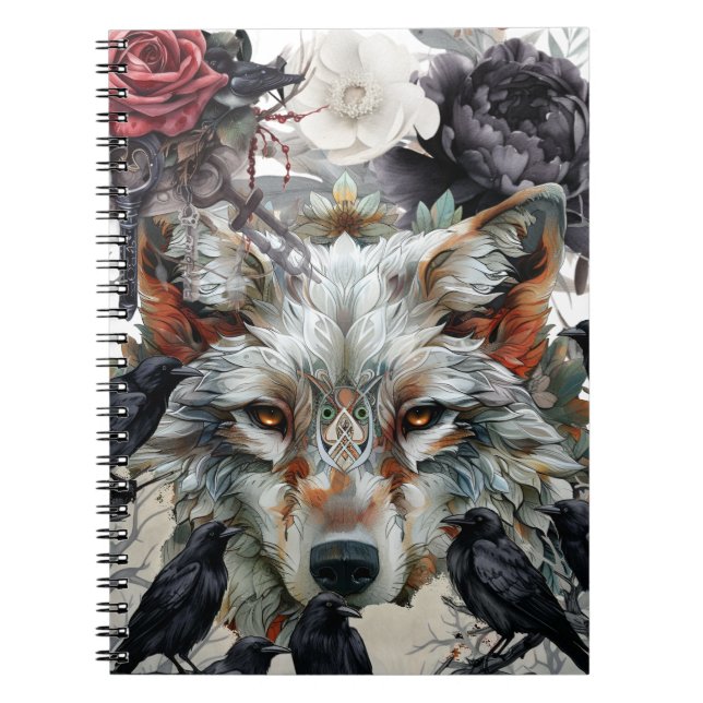Cuaderno Cute Unique Boho Wolf Raven & Florals Notebook (Frente)
