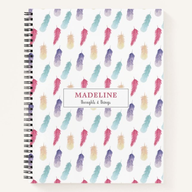 Cuaderno Cute Watercolor Boho Feathers Personalizado (Anverso)