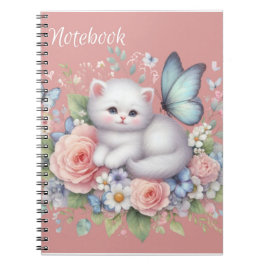 Cuaderno Cute White Kitty, Mariposas Y Flores