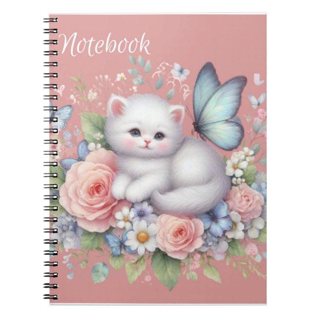 Cuaderno Cute White Kitty, Mariposas Y Flores (Frente)