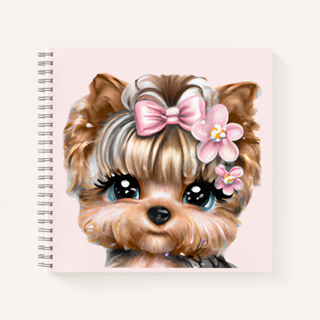 Cuaderno Cute Yorkie con un compadre rosado (Anverso)