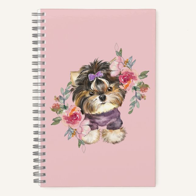 Cuaderno Cute Yorkshire Terrier Yorkie y Flowers Art (Anverso)