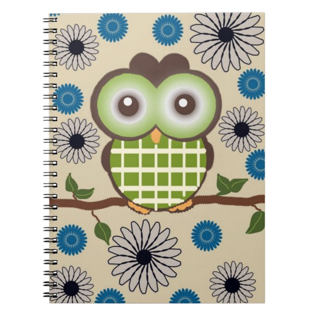 Cuaderno Cuto portátil personalizado de búho marrón y verde (Frente)