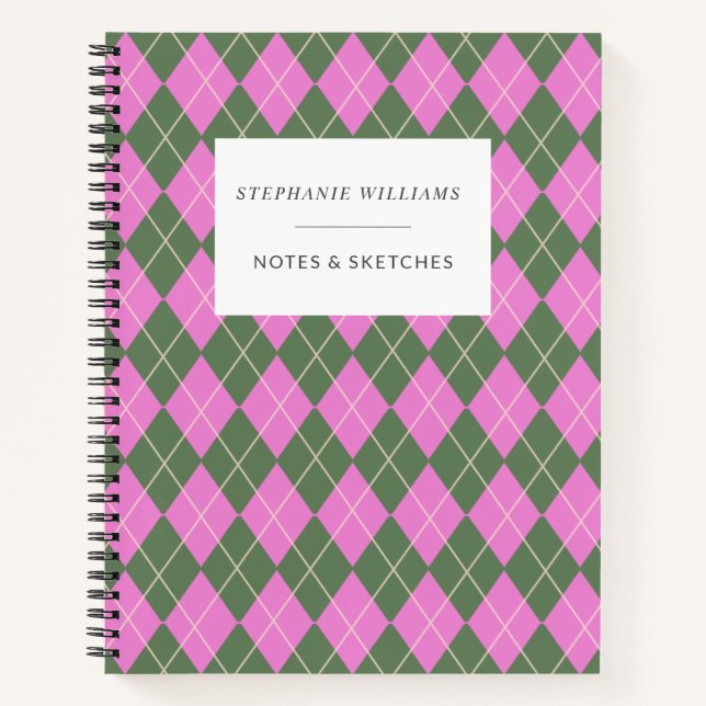 Cuaderno Cuto retro Preppy Pink Green Argyle Personalizado (Anverso)