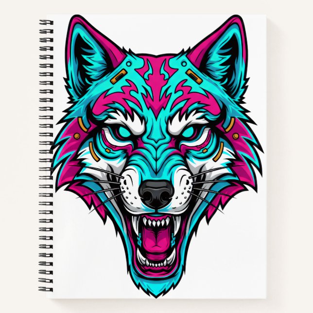 Cuaderno Cyberpunk Neon Wolf - Synthwave Robotic Animal (Anverso)