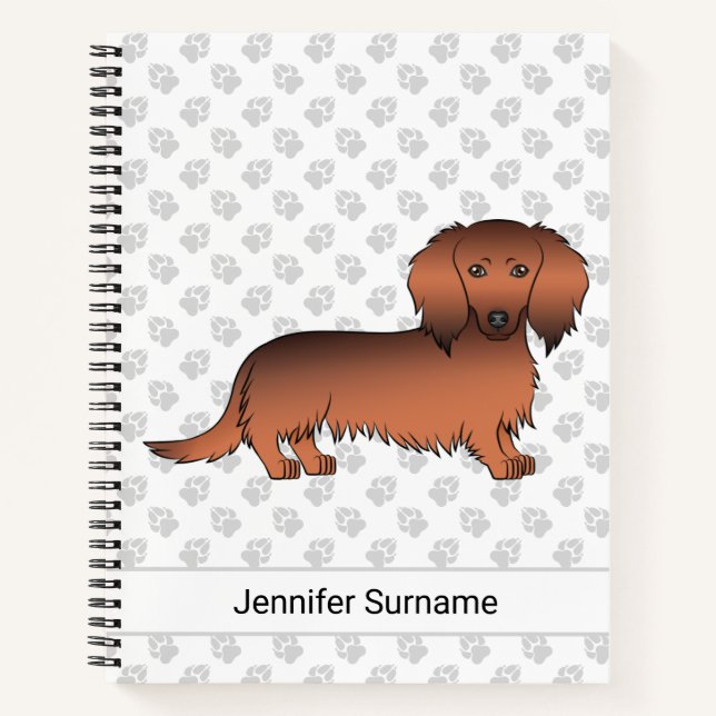Cuaderno Dachshund Cartoon Perro Sable Rojo Pelo Largo & Te (Anverso)