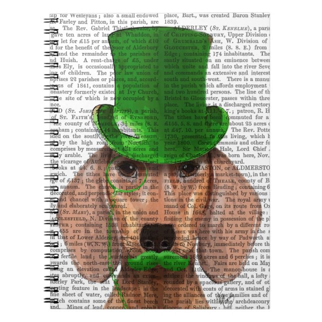 Cuaderno Dachshund con sombrero verde superior y bigote (Frente)