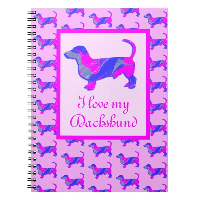 Cuaderno Dachshund / Daxie Dog Lover Silhouette rosa y azul (Frente)