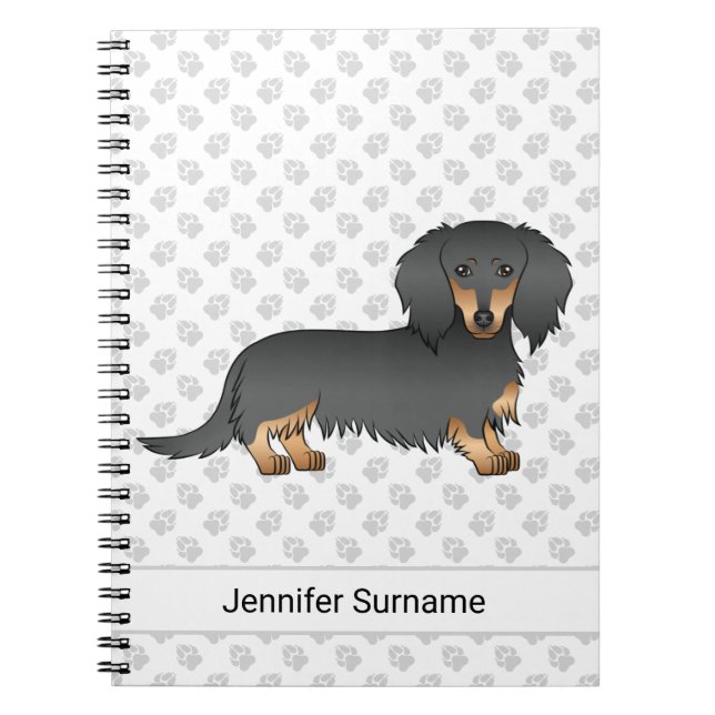 Cuaderno Dachshund de pelo largo negro y fuego con dibujo a (Frente)