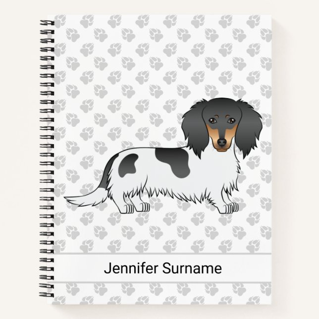 Cuaderno Dachshund de pelo largo piebald negro y fuego & Te (Anverso)