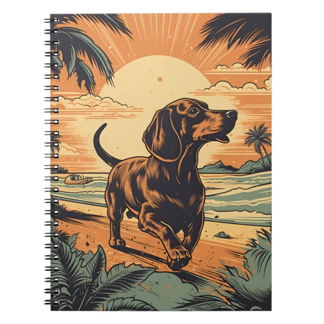 Cuaderno Dachshund en una playa tropical al atardecer (Frente)