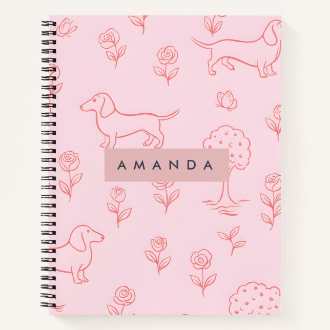 Cuaderno Dachshund Rosa Personalizado y Flor (Anverso)
