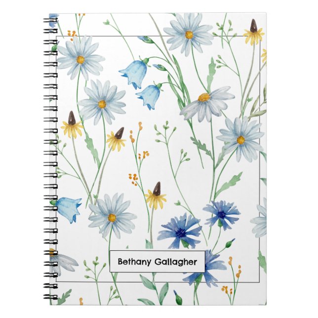Cuaderno Daisias de flores silvestres azules y amarillas |  (Frente)