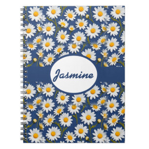 Cuaderno Daisies blancos en inglés sobre azul