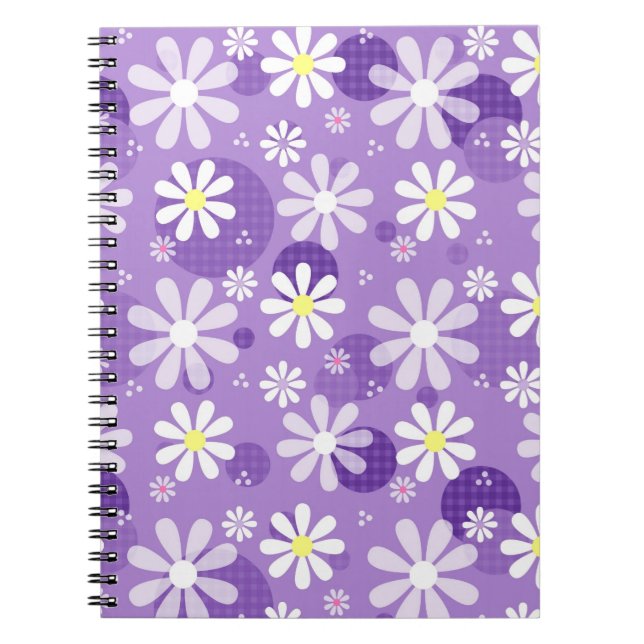Cuaderno Daisies retro y puntos de polka púrpura (Frente)