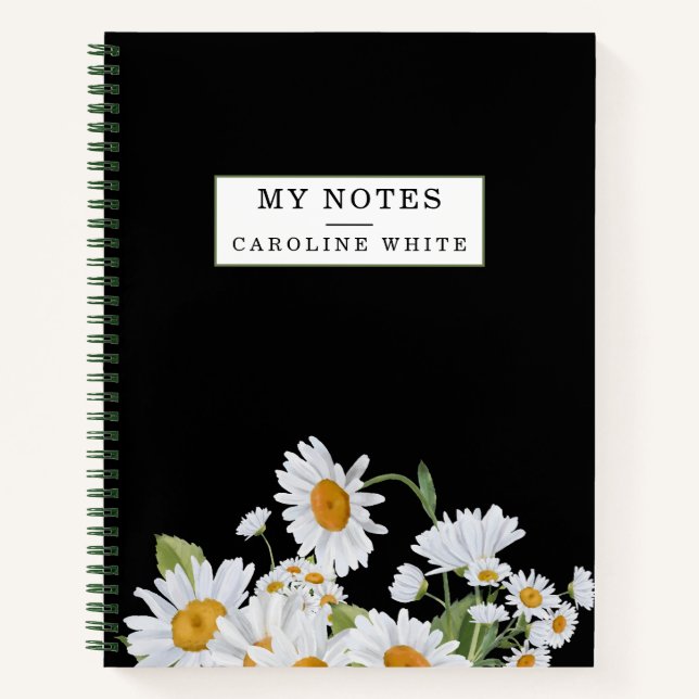 Cuaderno Daisy Flowers Black Background Personalizado (Anverso)
