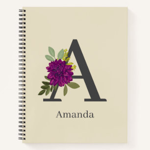 Cuaderno Dalia Floral Alfabeto Letra Monograma Borgoña
