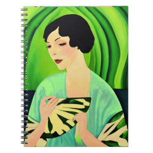 Cuaderno Dama de Art Deco con ventilador en verde jade