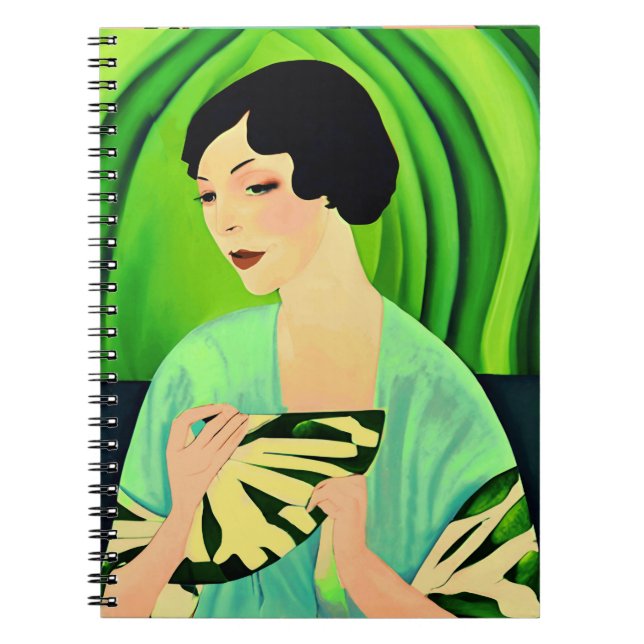 Cuaderno Dama de Art Deco con ventilador en verde jade (Frente)