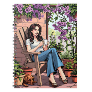 Cuaderno Dama de bonito bebiendo café relajándose fuera