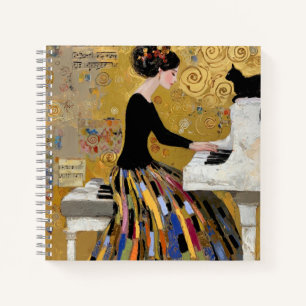 Cuaderno Dama de Klimt al piano con gato negro en oro