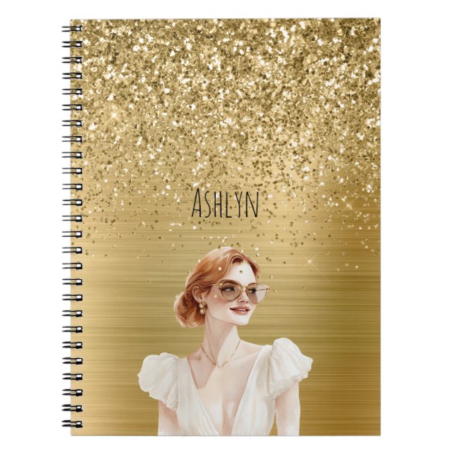 Cuaderno Dama de pelo rojo con brillo dorado (Frente)