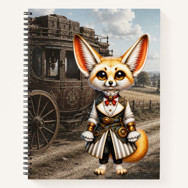 Cuaderno Dama steampunk con zorro fenec y diligencia (Anverso)