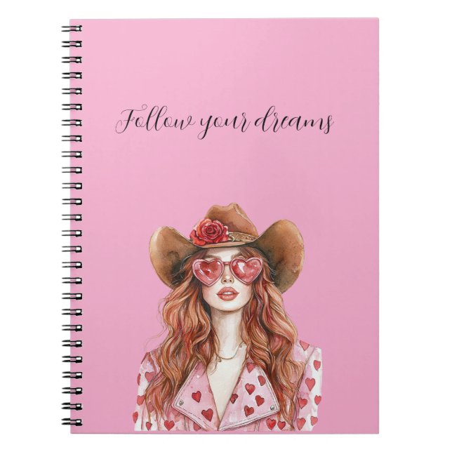 Cuaderno Dama vaquera de pelo rojo corazones (Frente)