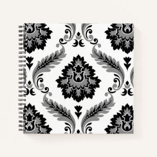 Cuaderno Damascado Rococó Patrón Grande Gris Negro Blanco