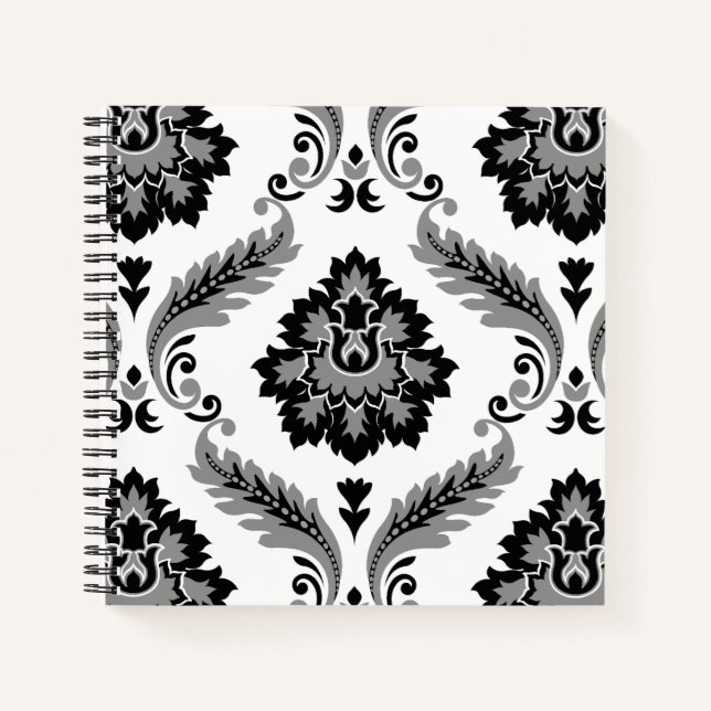 Cuaderno Damascado Rococó Patrón Grande Gris Negro Blanco (Anverso)