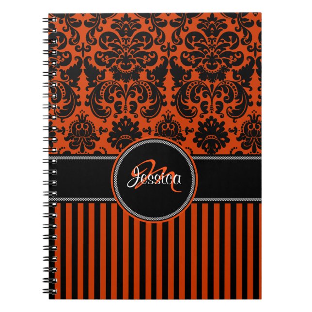 Cuaderno Damasco a rayas blancas negras Naranja personaliza (Frente)