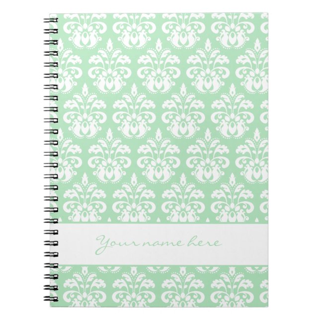 Cuaderno Damasco blanco y verde de menta con tu nombre (Frente)