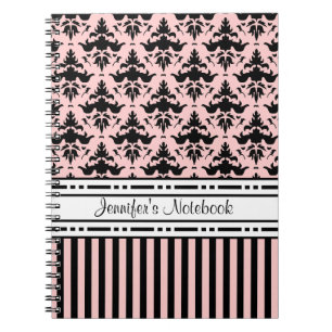 Cuaderno Damasco de París elegante y rayas rosados y negro